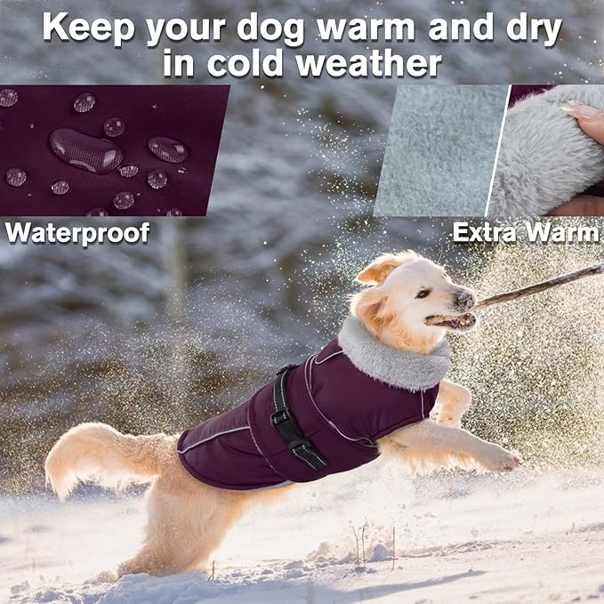 Lelepet Warm Dog Coat Reflective Fleece Vest Waterproof Dog Jacket with Adjustable Buckle Hook & Loop Windproof Cold Weather Coats for Small Medium Large Dogs, Dark Purple, XL