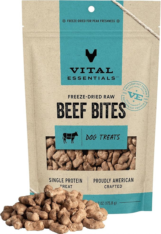 Vital Essentials Beef Bites Dog Treats, 6.2 oz | Freeze-Dried Raw | Single Protein | Premium Quality High Protein Training Treats | Grain Free, Gluten Free, Filler Free