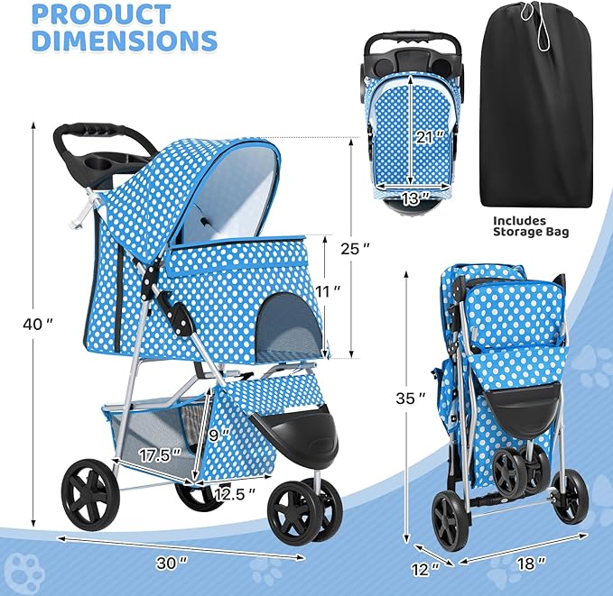 Magshion 3-Wheel Pet Stroller, Foldable Travel Jogger for Small & Medium Dogs & Cats (Up to 33lbs), Lightweight Carrier with Breathable Mesh Cover, Cup Holder & Storage Basket, Sky Blue Polka Dots