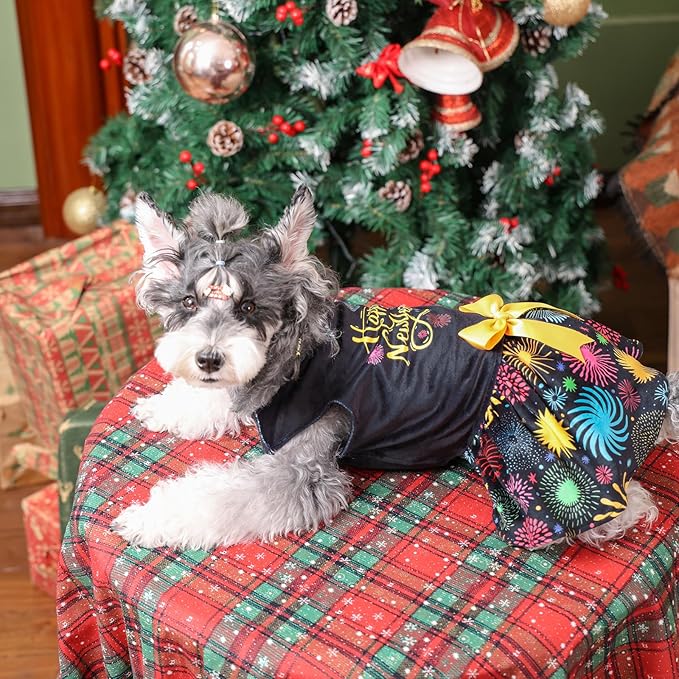 CuteBone Happy New Year Dog Dresses Velvet Holiday Small Dogs Clothes Onesie Pet Apparel Girl Puppy Skirt with Bow Hair Rope CVA56XXS-D