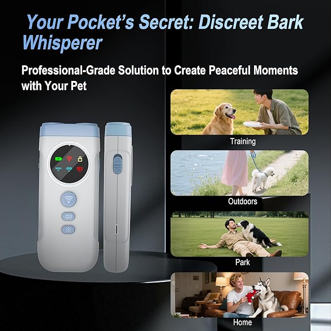 Dog Bark Deterrent Device-2X High-Power Emitters | Anti Barking with 5 Training Modes, 50ft Range, 1500mAh Battery, LED Display, Shock Collar Alternative, Safe Ultrasonic Bark Shield for Dogs (Blue)