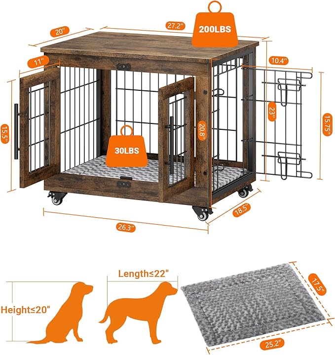 Dog Crate Furniture with Cushion Set of 2, Wooden Dog Kennel Indoor with Double Doors, Dog Cage with Wheels, Dog House Side End Table for Small Dogs up to 30 lb, 27.2" L, Rustic Brown