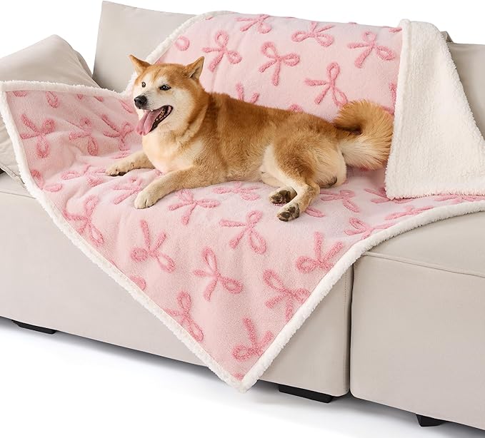 Lesure Waterproof Puppy Blanket for Large Dogs - Washable Double Sided Dog Blankets with Warm Jacquard Shag and Soft Sherpa Fleece, Pet Cat Blanket for Couch Protection, Bow Design，Pink Taffy