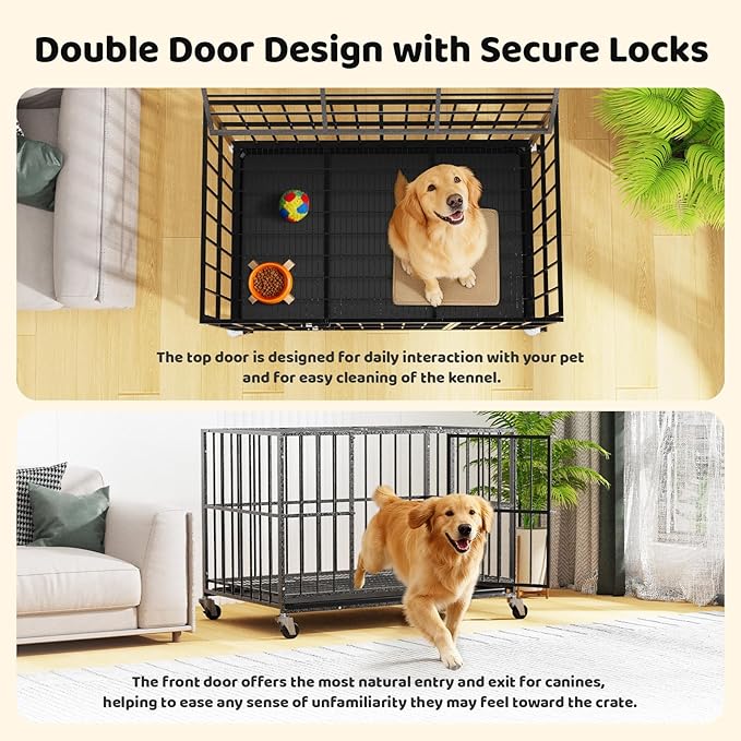 Heavy Duty Indestructible Dog Crate 48 Inch with Removable Tray, Sizes & Colors Optional, Escape Proof Double Door High Anxiety Cage Indoor, Kennel with Wheels for Large Dogs, XL XXL XXL