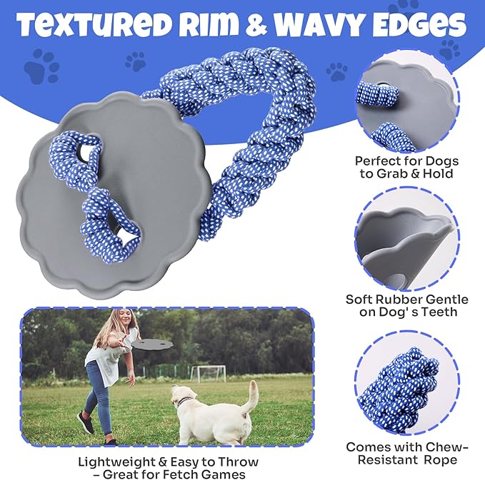 Interactive Dog Frisbee Rope Toy – Tough 2-in-1 Flying Disc & Rope Chew Toy for Medium/Large Dogs, Outdoor Training & Fetching, Grey & Blue