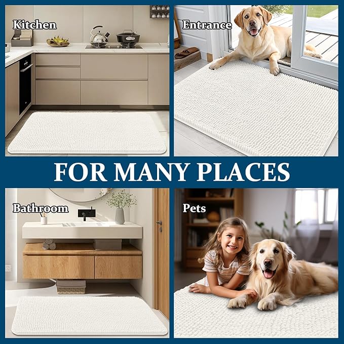 OLANLY Dog Door Mat for Muddy Paws 44x24, Absorbs Moisture and Dirt, Absorbent Non-Slip Washable Doormat, Quick Dry Chenille Mud Mat for Dogs, Entry Indoor Entryway Carpet for Inside Floor, Ivory
