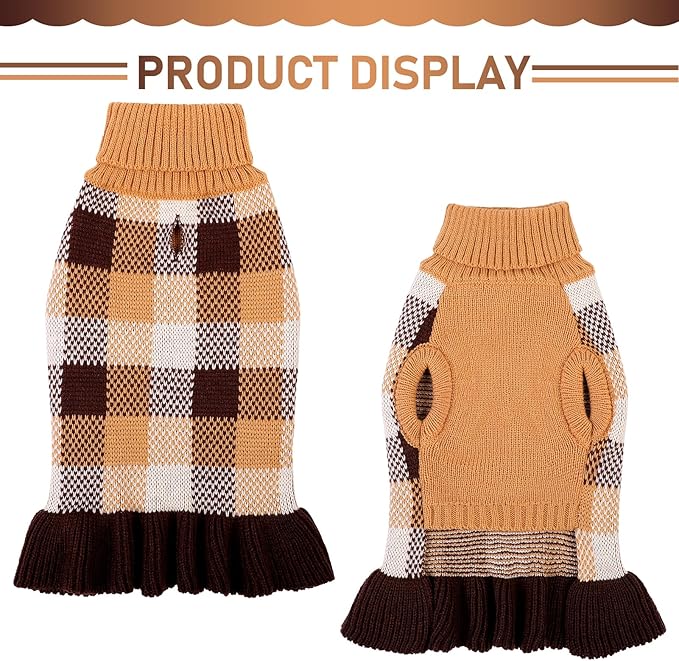 Dog Sweater Dress Plaid Knitwear for Small Medium Dogs Warm Puppy Pet Turtleneck Stretch Pullover Cute Fall Winter Vest Clothes with Leash Hole for Christmas (Coffee, XS)