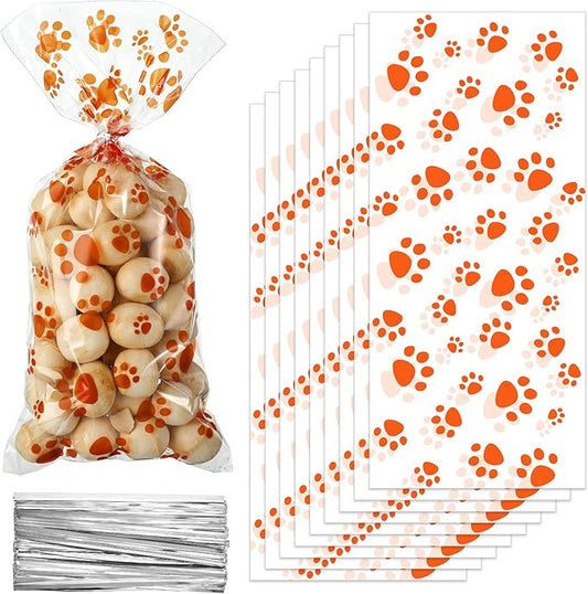 Blulu 100 Pieces Dog Treat Bags Puppy Party Favor Pet Paw Cone Cellophane Bags Candy Heat SealableDog Paw Gift with 100 Pieces Silver Twist Ties for Pet Cat Treat Party Favor(Orange)
