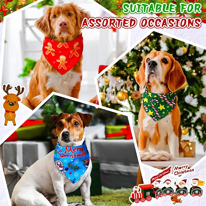 100 Pcs Christmas Dog Bandanas Bulk Xmas Dog Bandanas Adjustable Santa Claus Gingerbread Man Deer Pattern Pet Bibs Triangle Scarf Christmas Holiday Costume for Small Medium Pet Puppy