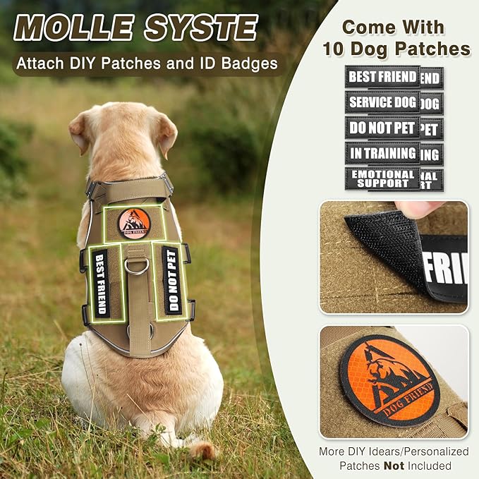 Tactical Service Dog Vest Harness and Leash Set,Heavy Duty Dog Harness with Metal Buckles for Large Dogs,Adjustable No Pull Pet Vest with 10 Patches,for Training Working Hiking,Brown XL