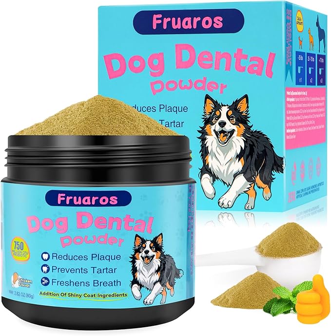 Dog Teeth Cleaning Powder, Dog Dental Powder for Dog Breath Fresh and Teeth Cleaning, Targets Tartar & Bad Breath with 750 Million Probiotics. Plaque Off Dental Care Formulated for Small Dogs (80g)