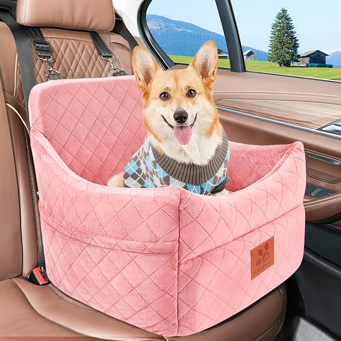 Dog Car Seat for Small/Medium Dogs, Dog Booster Car Seats with Thick Cushion for Dogs Under 35lbs, Detachable Washable Pet Bed with Storage Pockets, 2 Safety Belts (Pink)