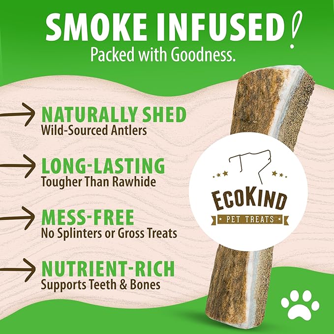 EcoKind Smoked Elk Antler Dog Chews – Natural Split Antlers, Long-Lasting Chew, Elk Antlers Treats for Extra Large Dogs Weighing 45+ lbs, Splinter-Free, Supports Dental Health – 1 X-Large Smoked Chew