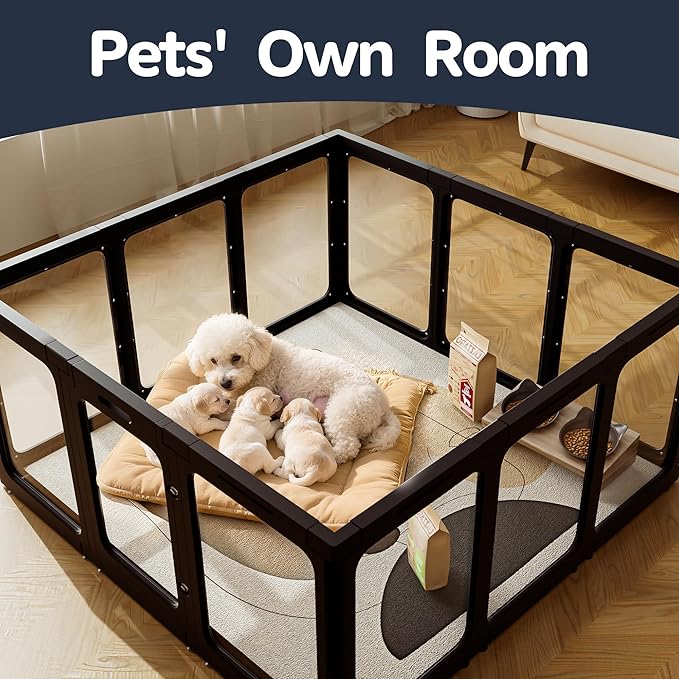 Jalove Acrylic Dog Playpen Indoor, 8 PCS Plastic Puppy Playpen with Door, Clear PlayPen for Dog Cat Rabbit Ferret, Easy Assemble Pen, Preferable Small Cage, Black, 33.5" L x 33.5" W x 24" H