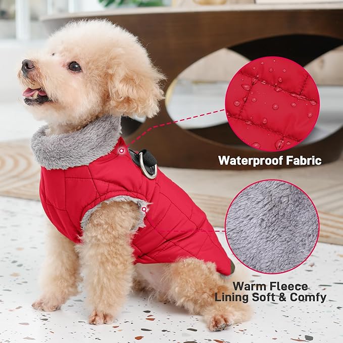 Warm Fleece Dog Coats with Durable Harness Buitl in D-Ring,Waterproof Doggie Jacket for Large Dogs,Dog Vest for Cold Winter,Red XXL