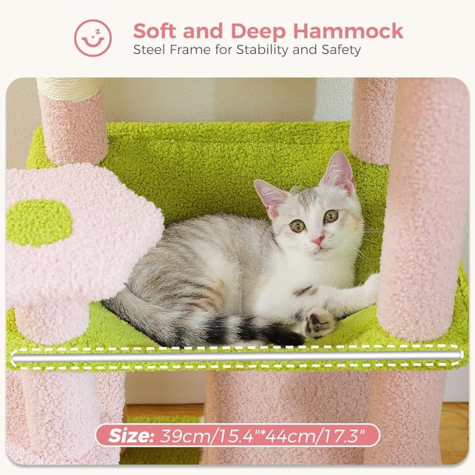 PAWZ Road Cat Tree, 53.5 Inches Tall Cat Tower with Spacious Hammocks, Condos and Scratching Posts, Cat House with Dual Padded Perches for Indoor Large Cats-Pink