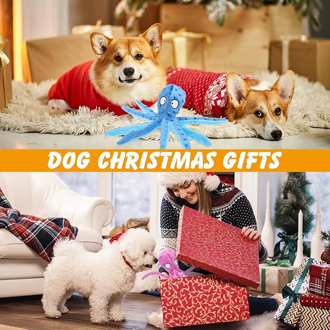 2 Pcs Octopus Dog Toys, No Stuffing Squeaky Dog Toys Chew Toys for Dogs Puppy Toys Indestructible Dog Toy for Small & Medium & Large Dogs (Blue,Purple)