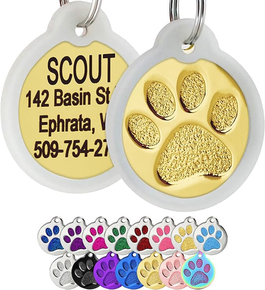 GoTags Paw Print Round Stainless Steel Pet Tag for Dogs and Cats, Personalized with 4 Lines of Custom Engraved ID Name and Number, in Stainless Steel and 15 Colors Small and Large, Gold