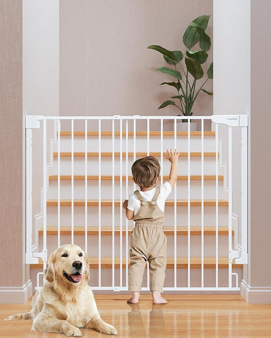 Cumbor 34" Extra Tall No Bottom Bar Baby Gate for Stairs, Wall Mounted Dog Gate Indoor for Larger Pets, Expandable 29.2-43" Safety Gate for Doorways, Wide Walk Thru Door for Easy Access (White)