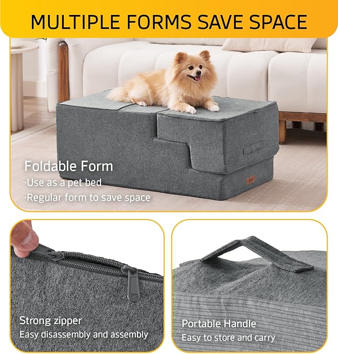 Dog Stairs for High Bed, Dog Steps for Bed Couch Sofa, 35D Foam Extra Wide Pet Steps for Small Dogs and Cats, Pet Stairs with Non-Slip Bottom Grey, 4 Steps
