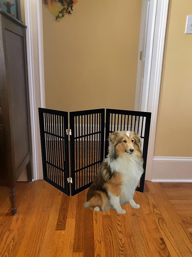 Pet Dog Gate Strong and Durable Freestanding Folding Acacia Hardwood Portable Wooden Fence Indoors or Outdoors by Urnporium (Black Pet Gate, 3 Panel 30" Tall)