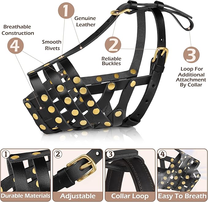 OOPSDOGGY Pitbull Dog Muzzle for Large Dogs - Leather Breathable Secure Basket Muzzle for Medium Large Breeds Prevents Biting No Chewing Amstaff Staffordshire Terrier (Black, Size 4 - Pitbull)