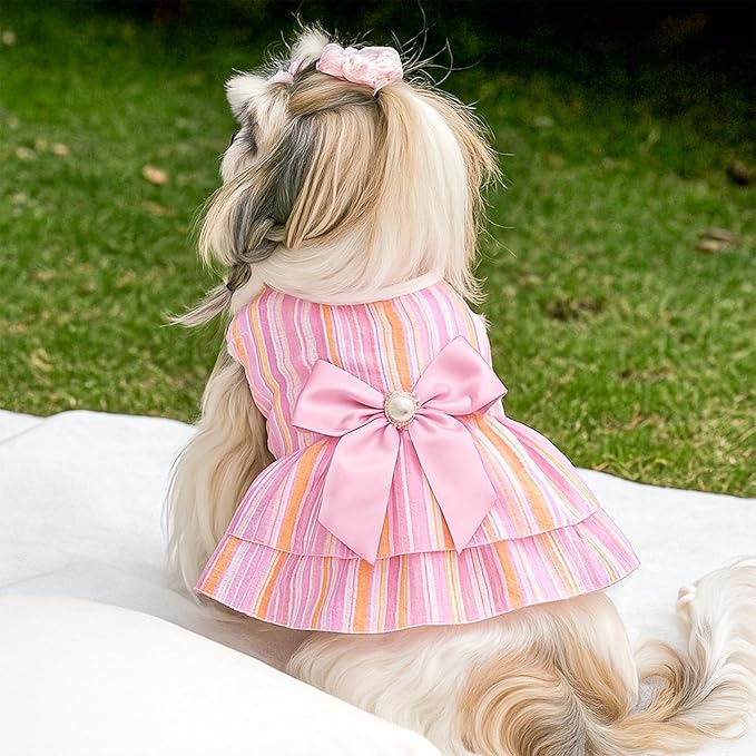 2 Pieces Dog Dress Princess Stripe Pet Dresses for Small Dogs Cute Bowknot Dog Summer Clothes for Dogs Cats Pets Puppy Chihuahua Yorkies