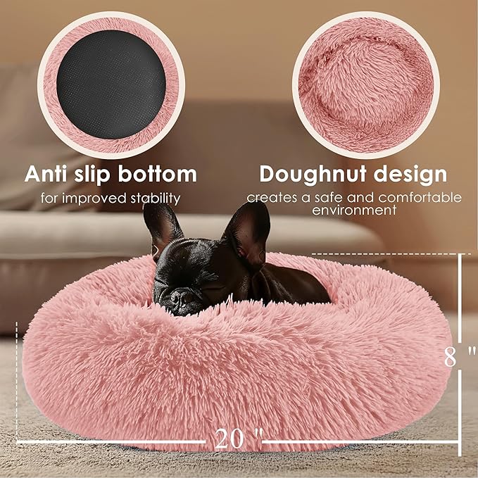 Hoewina Dog & Cat Bed, 20in Cat Beds for Indoor Cats, Calming Donut Bed for Puppy and Kitten, Washable Round Fluffy Pet Bed for Small Medium Dogs and Cats (Pink)