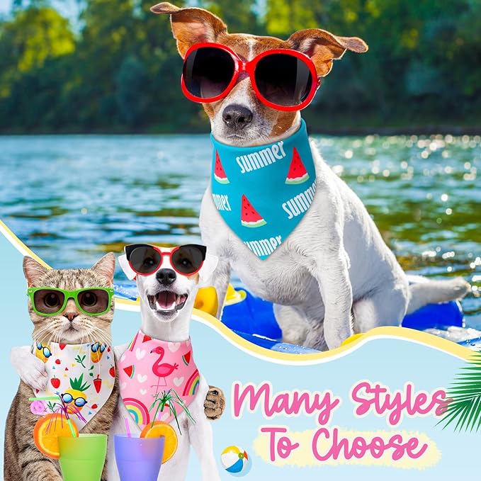 Preboun 100 Pieces Summer Bandanas for Dogs Bulk Hawaiian Dog Bandanas Fruit Kerchief Set for Summer Puppy Small Medium Large Pets Costume Accessories