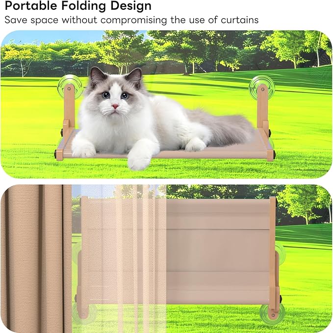 Foldable Cat Window Bed, Solidwood Cat Window Perch with Suction Cups, Heavy Duty Cordless Hammock Seat for Indoor Cats (Large Size)
