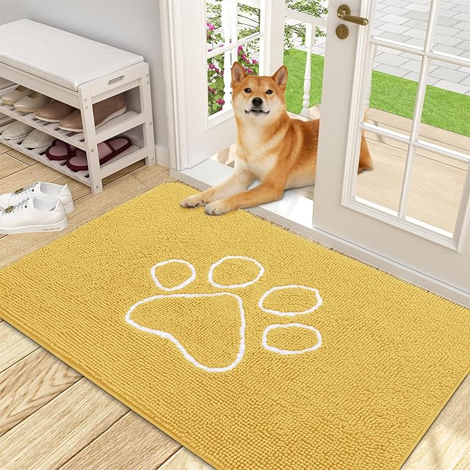 OLANLY Dog Door Mat for Muddy Paws 48x30, Paw Print Design, Absorbs Moisture and Dirt, Absorbent Non-Slip Washable Doormat, Quick Dry Chenille Mud Mat for Dogs, Entry Indoor Entryway Carpet, Yellow