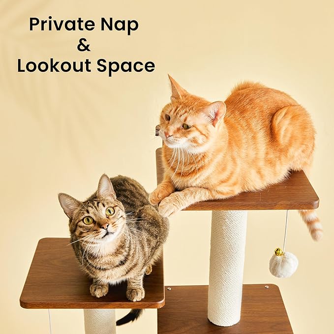 Modern Cat Tree - 64 inch Cat Tower for Indoor Cats, Multi-Level Cat Condo with 7 Fully Wrapped Scratching Posts, 2 Perches, Hammock, Removable Pad & Dangling Balls-Walnut Brown