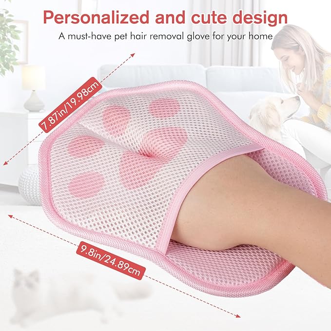 Reusable Pet Hair Removal Gloves, Suitable for Removing Pet Hair from Clothing, Sofas, Carpets, and Car Seats, 1 Pcs with Hanging Hooks, Size 9.8 x 7.87 x 0.5 in (Pink)