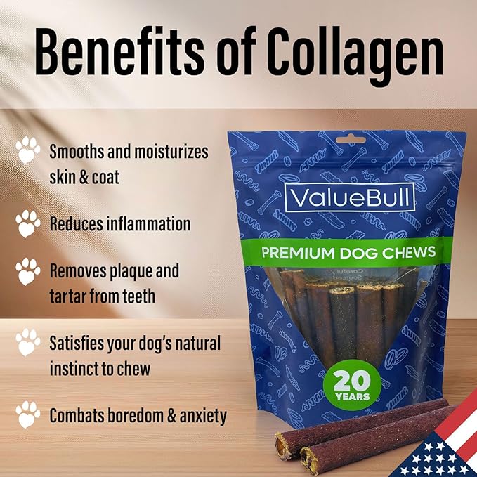 ValueBull USA Collagen Sticks for Small Dogs, 6 Inch Extra Thin Chews, Natural Dog Treats, 100 Count Bulk Pack - Promotes Joint, Skin & Coat Health with Glucosamine and Chondroitin