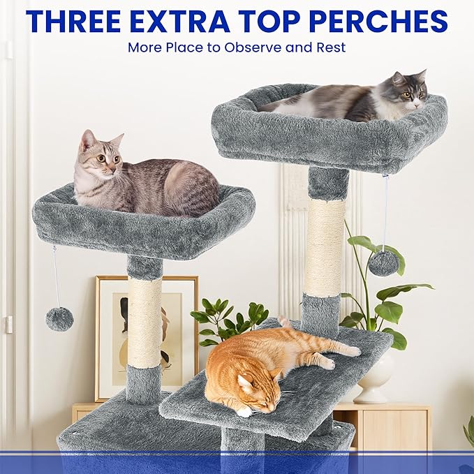 69-Inch Tall Cat Tree with Huge Condos, Multi-Functional Cat Tower with Top Perches, Scratching Posts, Pompoms, for Climbing, Lounging and Playing (Grey)