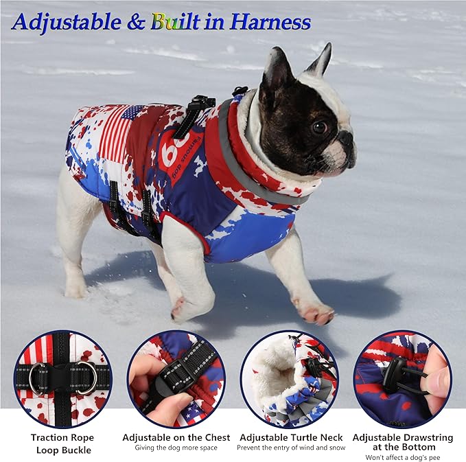 Dogcheer Dog Winter Coat, American Flag Dog Jacket with Harness, Adjustable Puppy Coat with Zipper, Waterproof Pet Fleece Jacket Snowsuit for Small Medium Large Dogs - US Flag 3XL