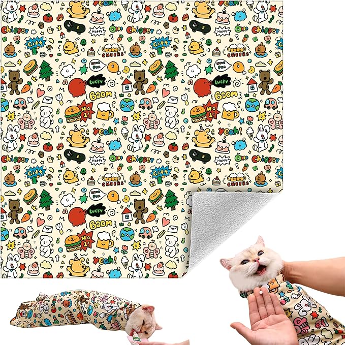 Cat Grooming Wrap, Self-Adherent Soft Cat Blanket to Wrap, Nail Clipping, Anti-Bite, Anti-Scratch, Anti-Escape Calming Wrap (Cute Prints, 0-3 lbs)