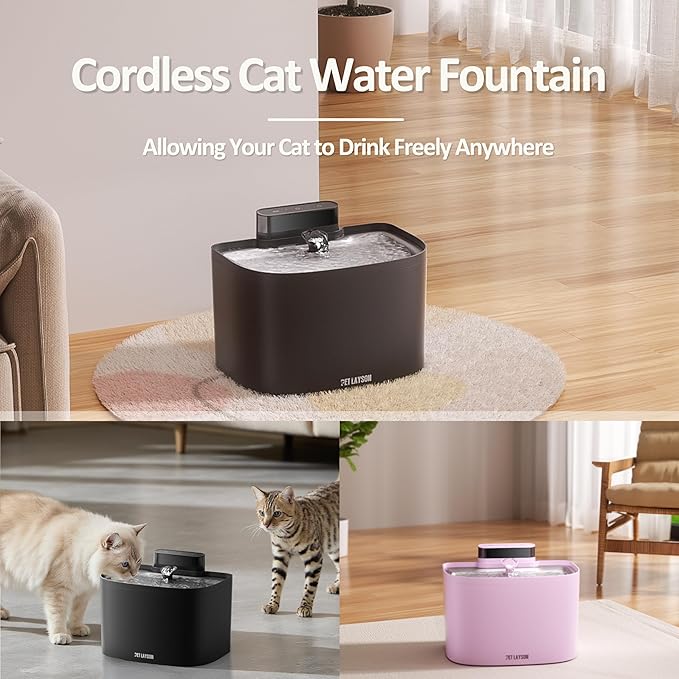 PET LAYSON Pumpless Cat Water Fountain, Smart Cordless Fountains Battery Operated, 3.6L/122oz with Maglev Valve Technology Rechargeable Water Dispenser for Cat &Dog, 2 Filters,2 Nozzles(Pink01, M1)