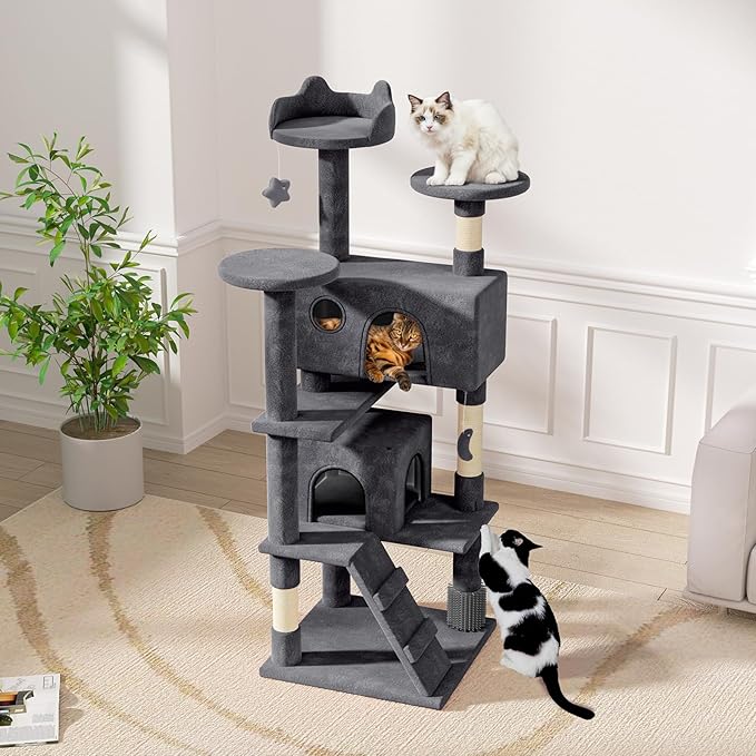 Magshion Cat Tree 60" Cats Tower for Indoor Cats, Multi-Level Cat Condo with Scratching Post, Top Perch, Sisal Board and Dangling Ball, Cat Stand Jumping Platform Kittens Pet Play House (Smoke Grey)