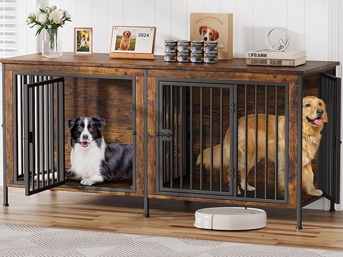 EasyCom Dog Crate Furniture for 1 or 2 Dogs, Heavy Duty Single/Double Dog Crates for Small/Medium/Large Dogs, Dog Kennel Furniture Indoor as TV Stand, Large Size 78.74" L(35-60 Pounds), Brown