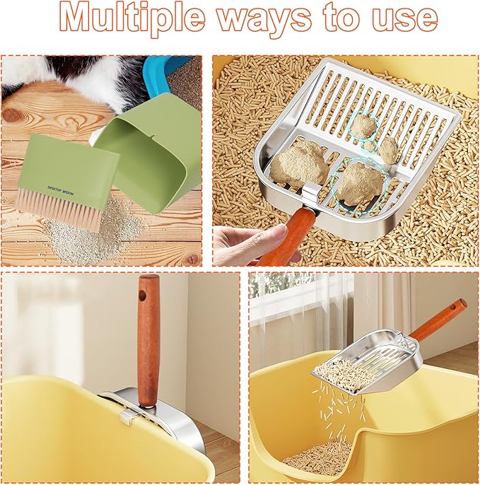 Stainless Steel Cat Litter Scoop with Holder, Kitty Poop Scooper Stand for Litter Box, Fast Sifting Non-Stick Cat Poop Scooper with Coarse and Fine Grids for All Litter Pan, Green