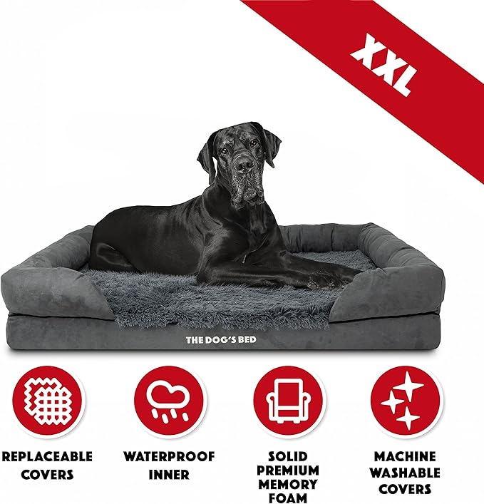 The Dog’s Bed, XXL Grey Fur Memory Foam, Pain Relief: Arthritis, Hip & Elbow Dysplasia, Post Surgery, Lameness, Supportive, Calming, Waterproof, Washable Cover