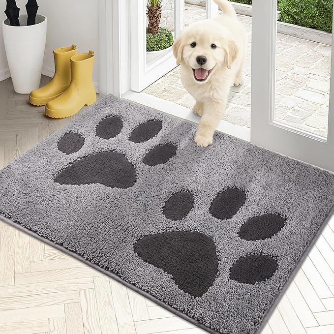 PURRUGS Dirt Trapping Door Mat 20" x 31.5", Non-Skid/Slip Machine Washable Microfiber Entryway Rug, Dog Doormat, Super Absorbent Welcome Mat for Muddy Wet Shoes and Paws, Grey