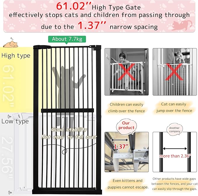 Lumizone Extra Tall Cat Gate 61.02" High Pressure Mounted Extra Wide 63.39"-67.32" (17Sizes) 1.37" Gap No Drilling Auto-Close Tall Pet Gate for Dogs (Black, 63.32"-67.91"/161-171cm)