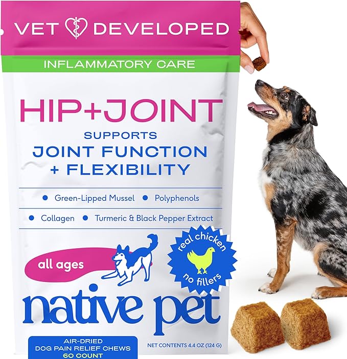 Native Pet Pain Relief for Dogs - Collagen for Dogs Promotes Joint Health, Reduce Inflammation & Stiffness - Senior Pup Joint Supplement - Natural Pain Reliever for Active & Aging Pets - 60 Chews