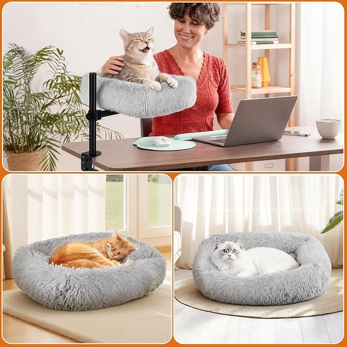 Large Cat Desk Bed - 360°Rotating Height Adjustable, Soft Removable Desk Cat Bed, Suitable for Gaming Desks and Office Desks, Maximum Weight Capacity Up to 35 lbs