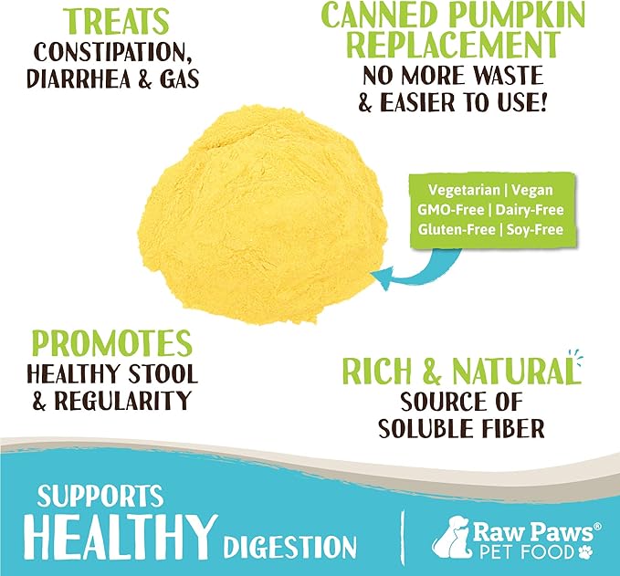 Raw Paws Organic Pumpkin Powder for Dogs & Cats (4-Ounce) - Made in USA - Fiber for Cats - Healthy Stool - Diarrhea & Constipation Relief - Dried Pumpkin for Dogs - Dog Food Topper