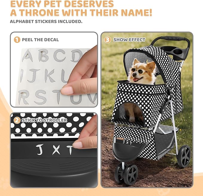 Magshion 3-Wheel Pet Stroller, Foldable Travel Jogger for Small & Medium Dogs & Cats (Up to 33lbs), Lightweight Carrier with Breathable Mesh Cover, Cup Holder & Storage Basket, Black Polka Dots