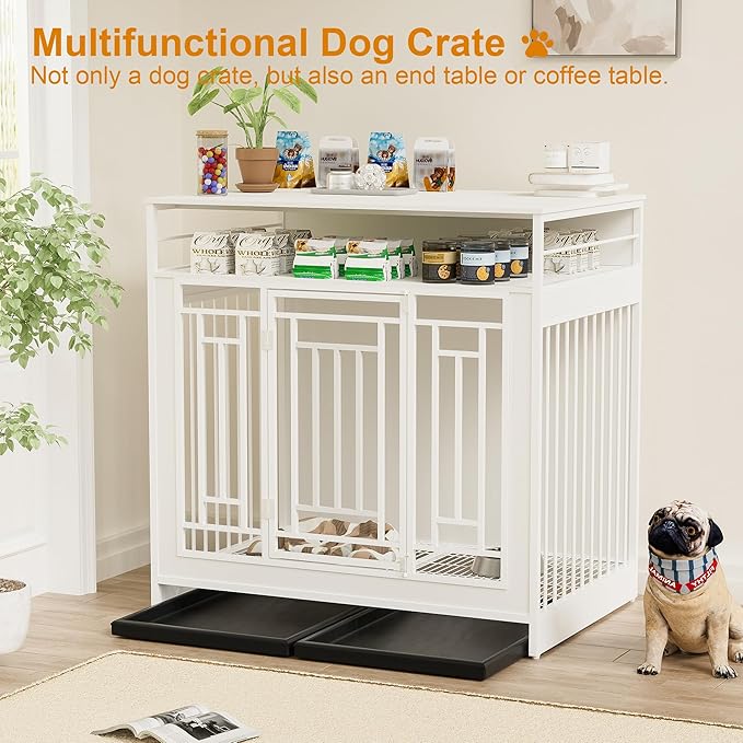 43.3" Dog Crate Furniture for Large Breeds, Wooden Dog Kennel with Divider & Double Doors, Large Drawer Storage, Heavy Duty Indoor Dog Cage, Decorative Pet House for Living Room & Bedroom, White