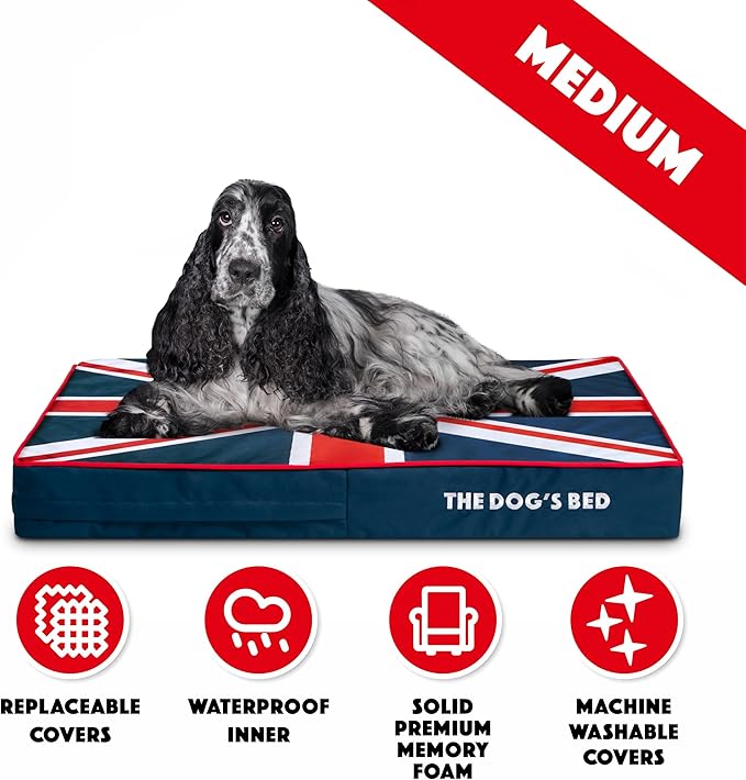 The Dog’s Bed Orthopedic Memory Foam Dog Bed, Medium Blue & Red Trim UK Center Flag, Pain Relief for Arthritis, Hip & Elbow Dysplasia, Post Surgery, Supportive, Calming, Waterproof Washable